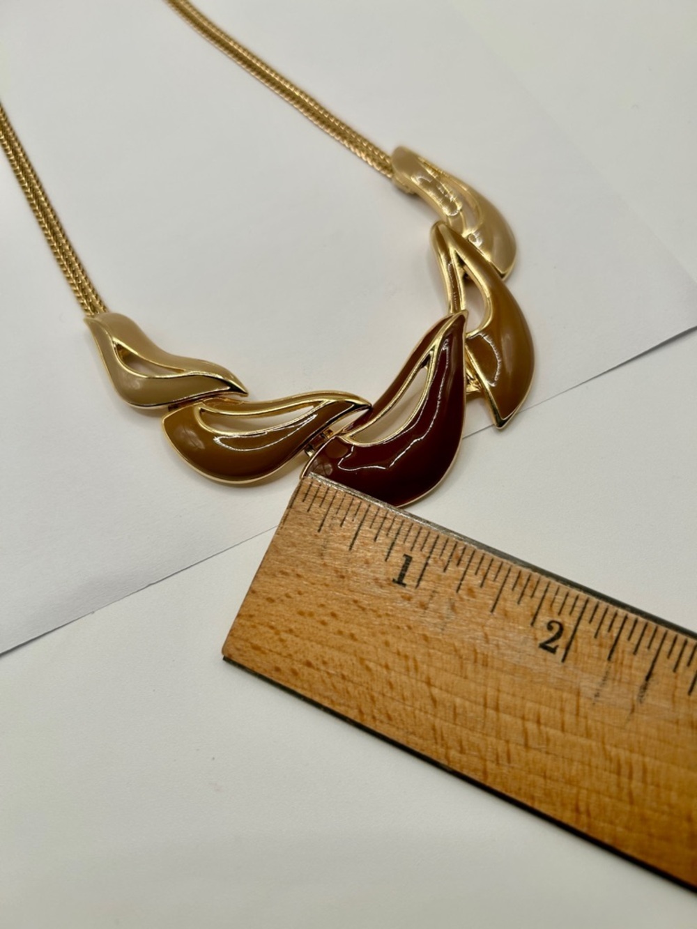 Vintage Gold Enamel Chain Necklace with Brown Tan Beige design - Picture 4 of 16
